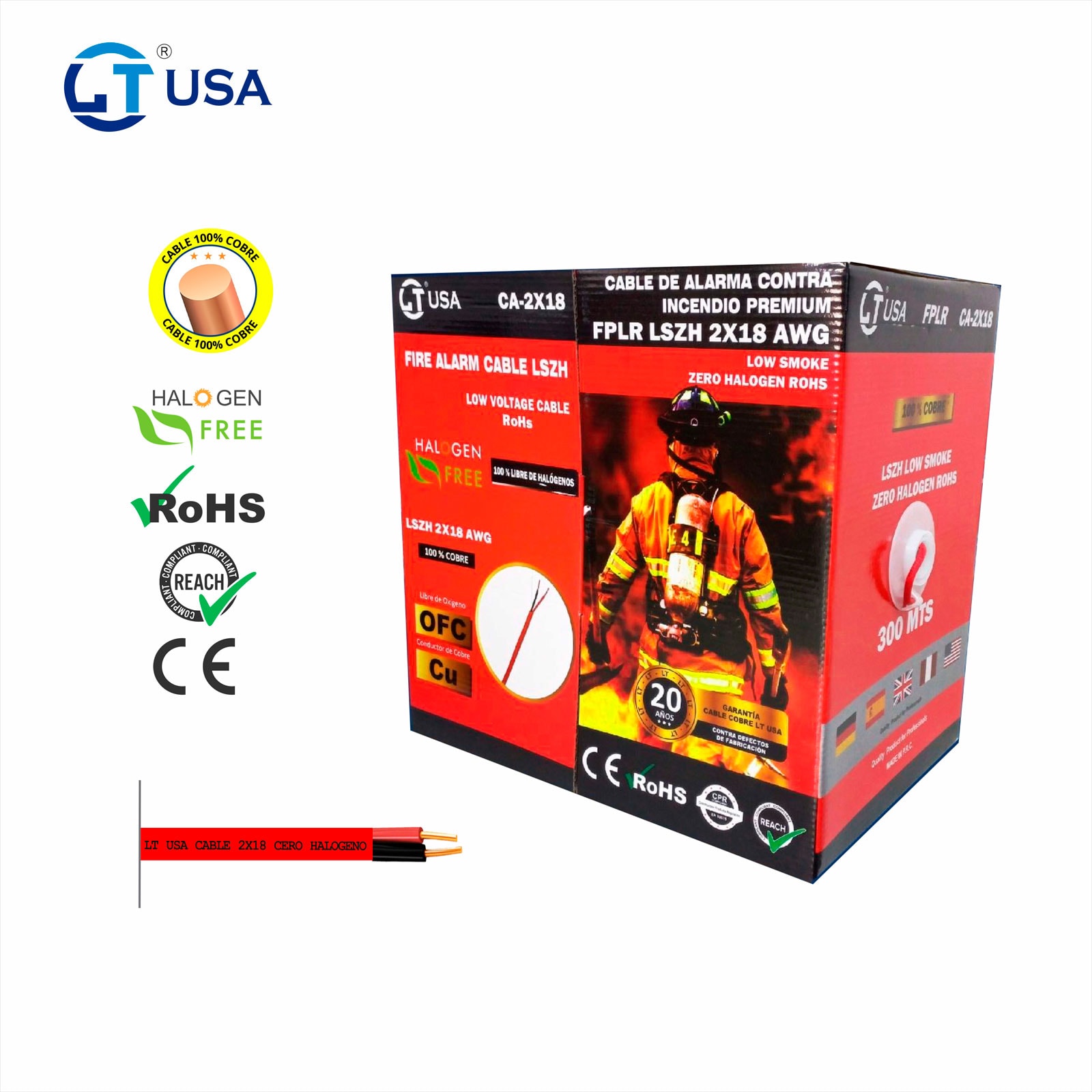CA-2X18 Cable de alarma contra incendio FPLR LSZH 2X18 AWG ROJO / X300MTR LT USA CA-2X18 - Imagen 1
